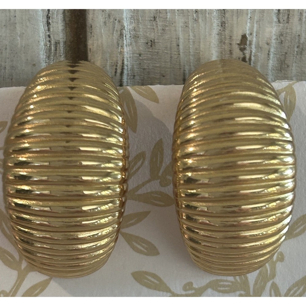 CHRISTIAN DIOR Ribbed‎ Vintage Demi Half Hoop Earrings Gold Clip Excellent Cond